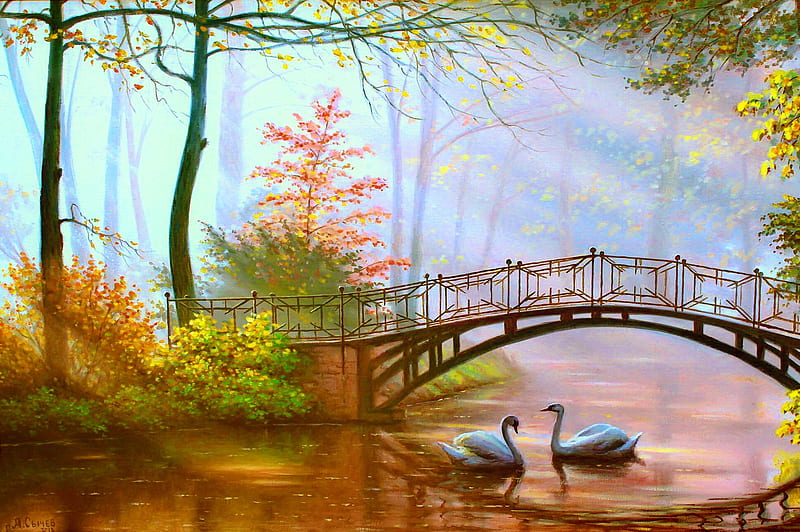 Landscape with swans, forest, fall, art, autumn, bonito, park, lake, mist, pond, tranquil, serenity, rays, bridge, painting, peaceful, landscape, HD wallpaper