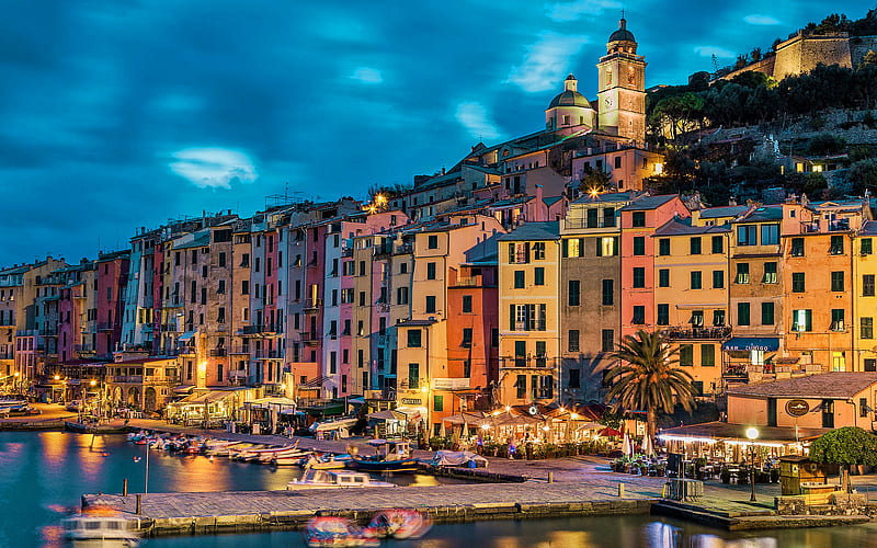 Porto Venere, R, summer, italian cities, harbor, Liguria, Italy, Europe, Porto Venere at evening, HD wallpaper
