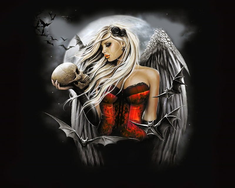 Angel From The Dark Side, moon, bats, skull, angel, HD wallpaper