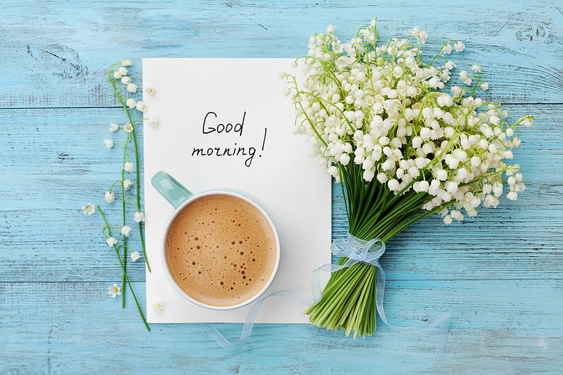 Good Morning!, coffee, green, lilly of the valley, cup, morning, white, blue, card, HD wallpaper