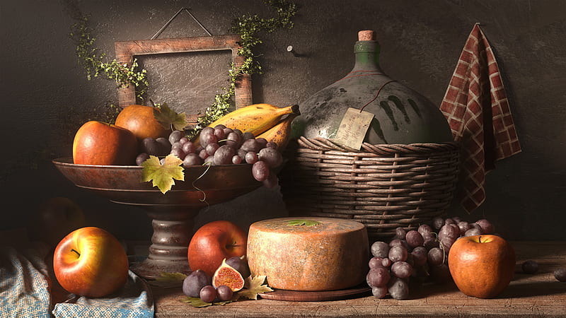 Food, Still Life, Apple, Cheese, Grapes, Pitcher, Banana, Fig, Fruit, HD wallpaper