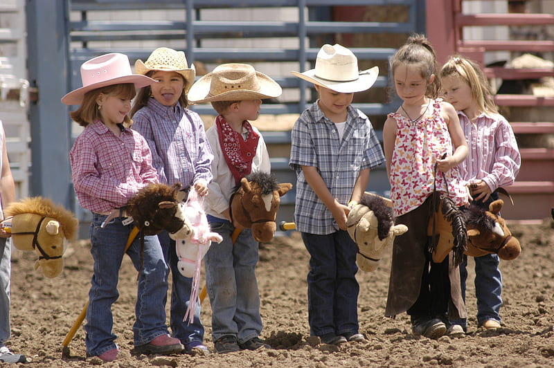 Vaqueros / vaqueras niños caballos de palo, cowgirlls, marrón, palo, Fondo de pantalla HD