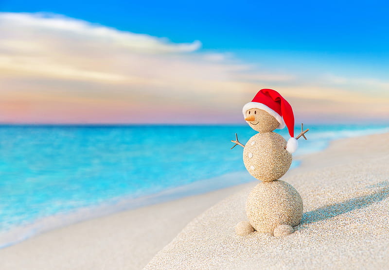 Snowman, red, craciun, christmas, sea, hat, card, beach, santa, summer, funny, white, blue, HD wallpaper