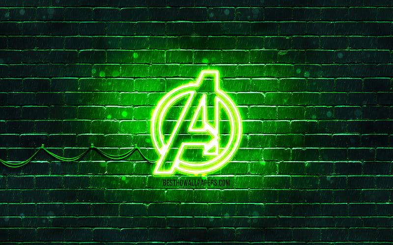 Avengers green logo green brickwall, Avengers logo, superheroes, Avengers neon logo, Avengers, HD wallpaper
