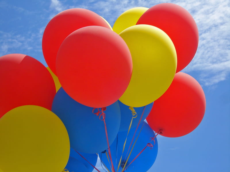 Balloons, colorful, red, balloon, romania, day, national, yellow, blue, birtay, HD wallpaper
