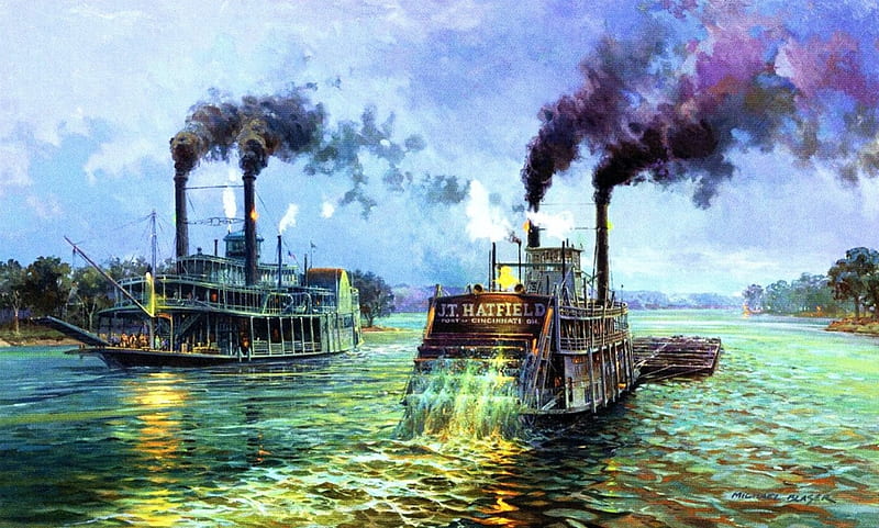 Mississippi, boats, painting, river, steam, artwork, HD wallpaper
