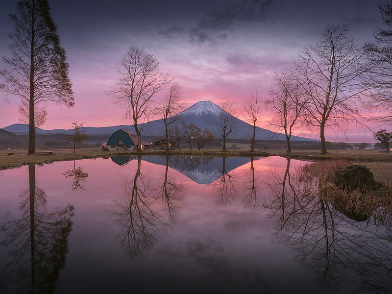 mount fuji, japan, scenic, reflection, dawn, Landscape, HD wallpaper