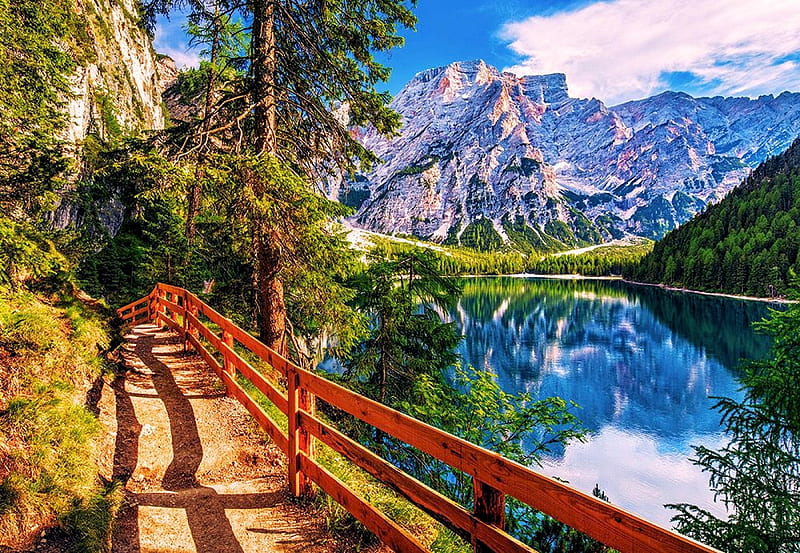 Pragser Wildsee, Dolomites, Italy, water, reflections, mountains, lake, fence, HD wallpaper