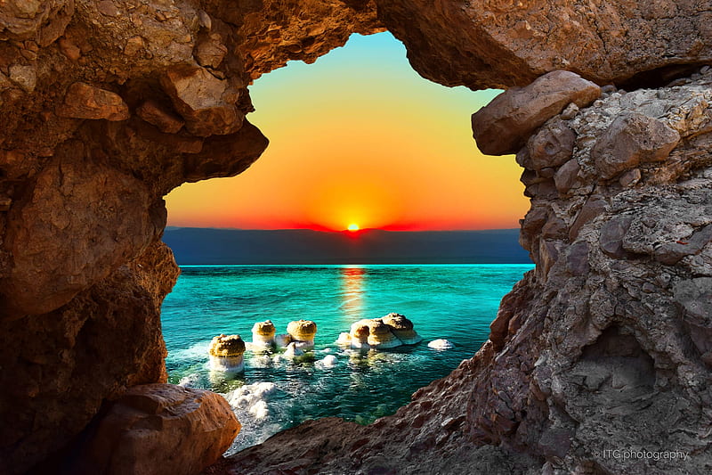 Sunrise at the Dead Sea, dead sea, grotto, sunrise, sea, Nature, HD wallpaper