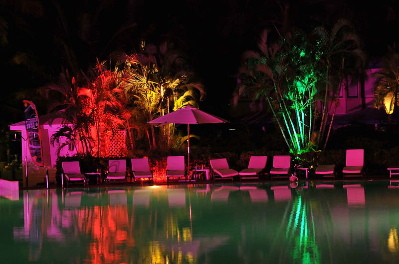 Guadeloupe Resort, coloured, reflection, swimming, relaxing, lights, night, HD wallpaper