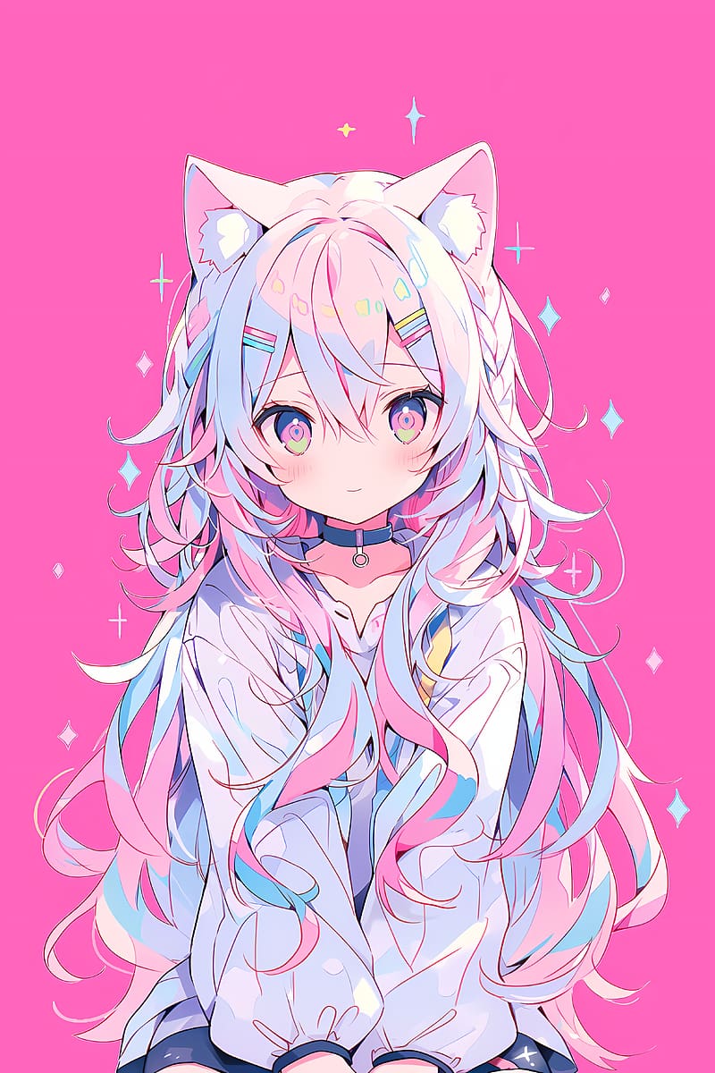 girl, neko, ears, hairpins, pink, anime, HD phone wallpaper