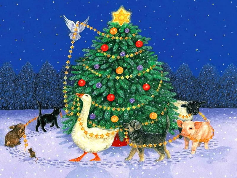 Decorating the tree, snoe, pretty, bonito, moon, duck, frost, animals, puppy, pig, holiday, christmas, decoration, new year, sky, winter, cute, tree, bird, balls, snow, bunny, HD wallpaper