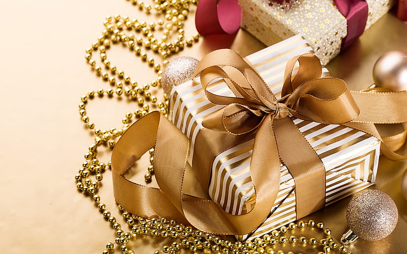 golden gift box, golden silk ban, New Year, Christmas gift, decorations, golden silk ribbon, Christmas, HD wallpaper
