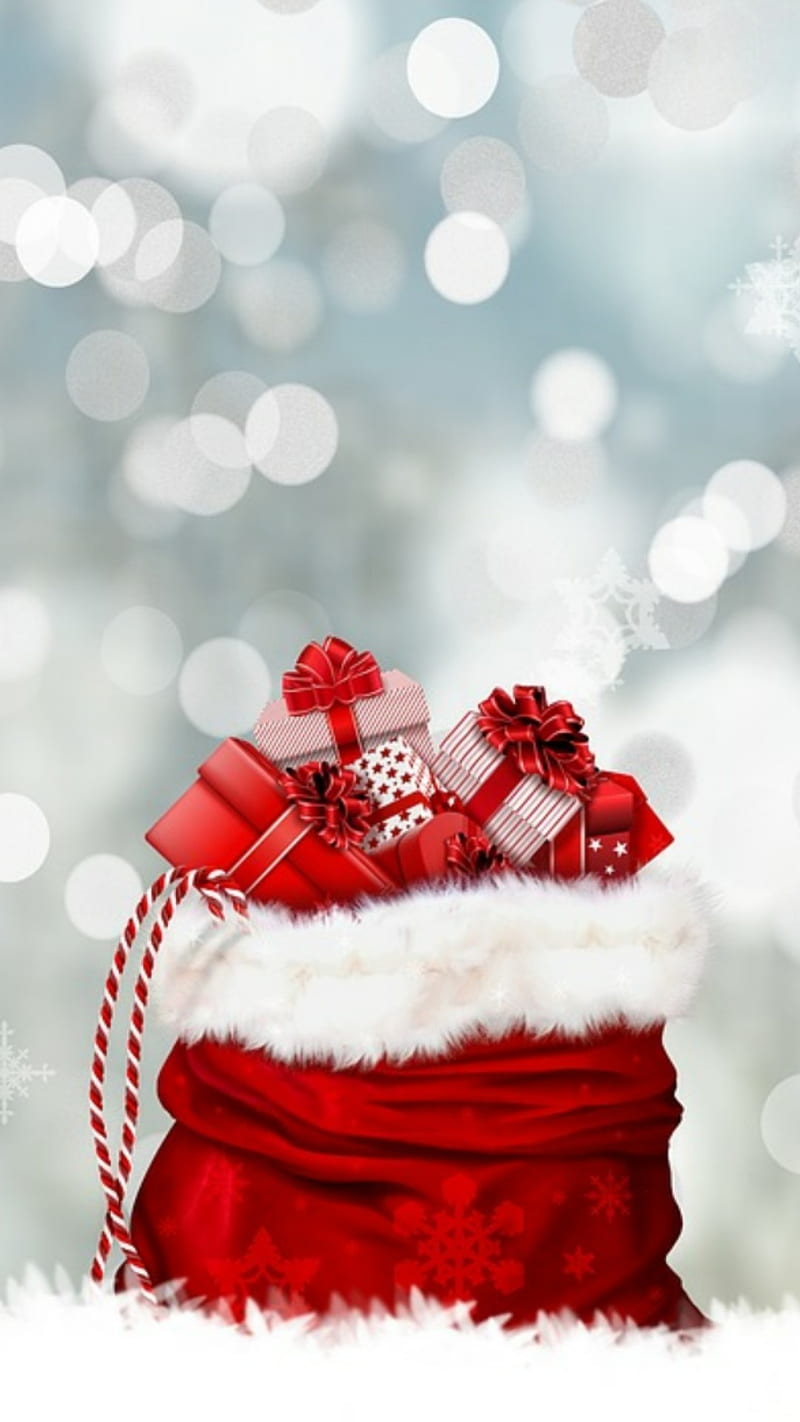 Snow Sack, christmas, gifts, holiday, presents, red, santa, winter, xmas, HD phone wallpaper