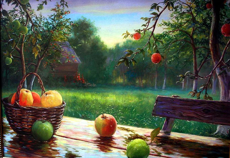 Autumn at the Garden, table, apples, painting, bench, trees, HD wallpaper