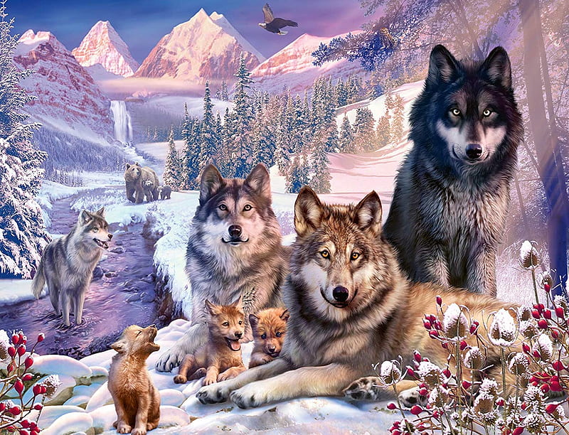 Wolves in Snow, wolfpack, mountains, painting, birds, bears, pups, artwork, HD wallpaper