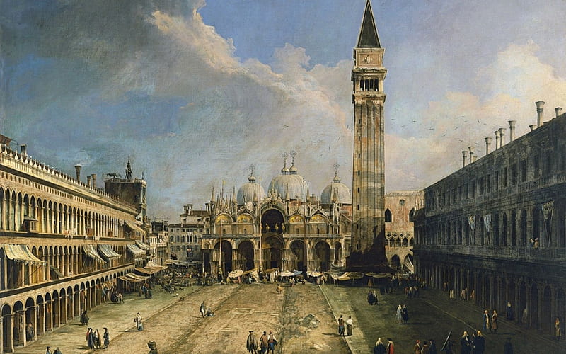 the Piazza San Marco in Venice, art, people, buildings, Giovanni Antonio Canaletto, painting, pictura, HD wallpaper