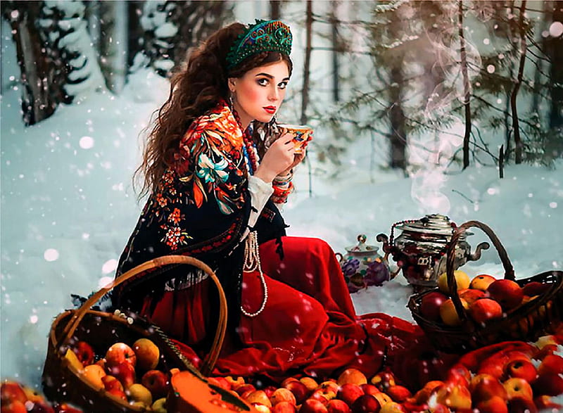 Forest Fruits FC, art, bonito, woman, illustration, artwork, winter, snow, painting, wide screen, portrait, lady, HD wallpaper