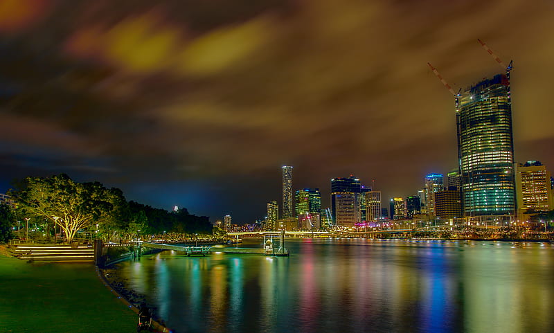 city lights reflecting on body of water, HD wallpaper