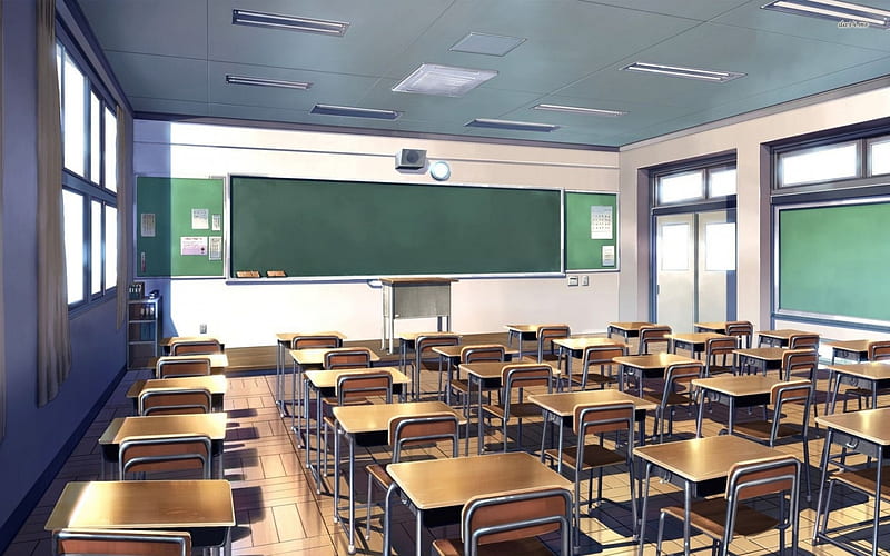 Anime classroom, sunset, windows, chair and desks, trees, Anime, HD  wallpaper