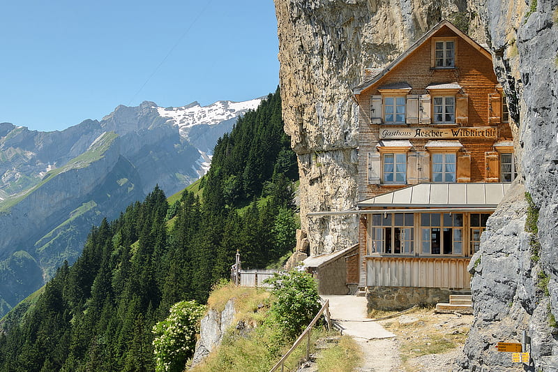 Mountain House, building, home, rock, stone, HD wallpaper