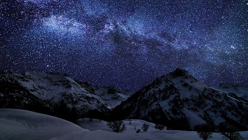 unbelievably wondrous stary night, stars, mountains, sky, night, winter, HD wallpaper