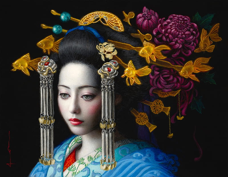 Empress, yellow, black, geisha, fantasy, girl, flower, asian, painting, jewel, pictura, blue, chie yoshii, red, superb, gorgeous, art, frumusete, luminos, HD wallpaper