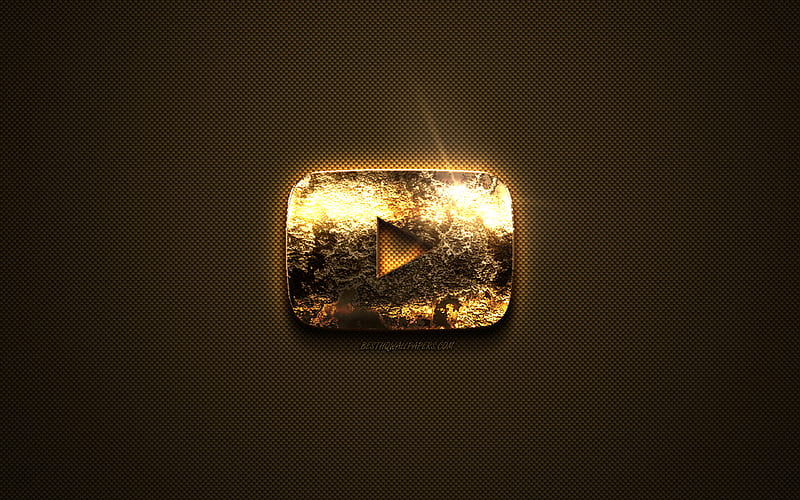YouTube gold logo, creative art, gold texture, brown carbon fiber texture, YouTube gold emblem, YouTube, HD wallpaper