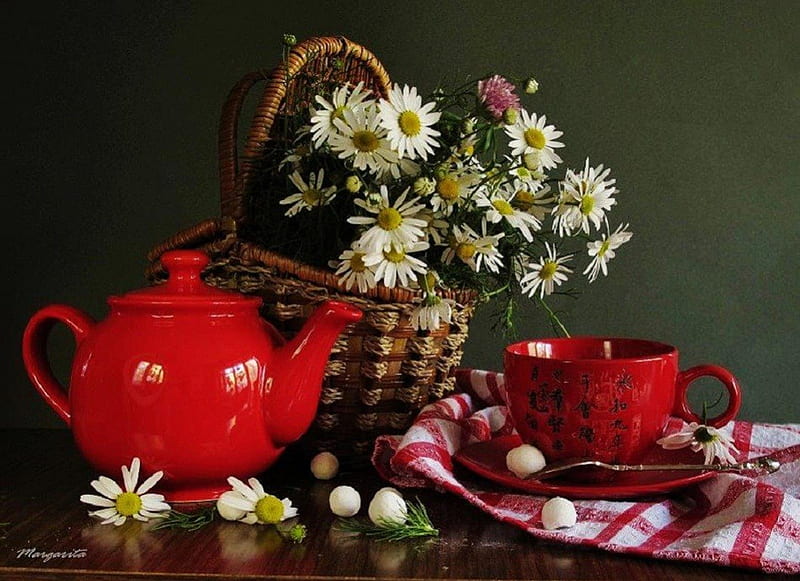 Enjoy Some Tea and Daisies, daisies, place setting, flowers, abstract, tea, HD wallpaper