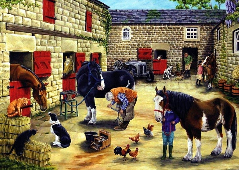 Farrier's Visit, house, tractor, people, painting, artwork, horses, HD wallpaper