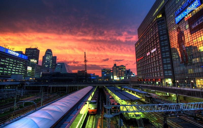 Shinjuku Station, japan, city, japanese, shinjuku, tokyo, station, twilight, night, HD wallpaper
