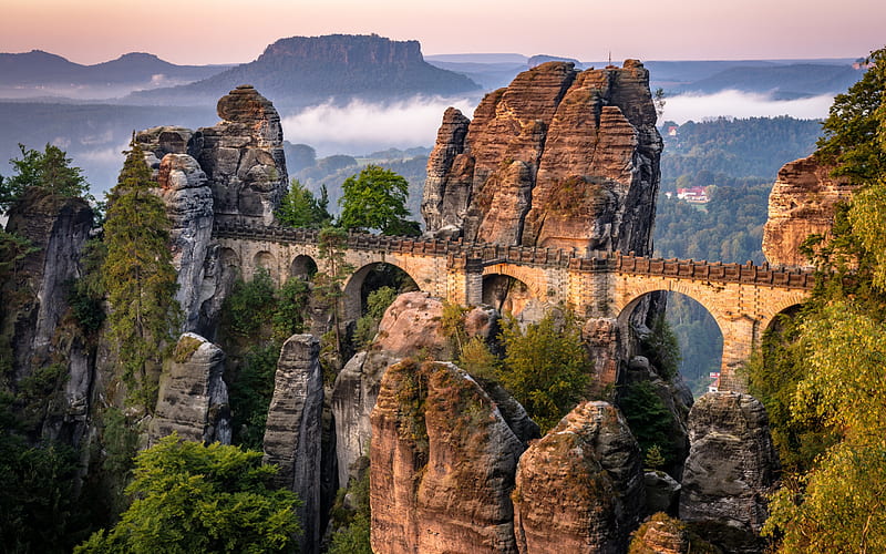 Saxon Switzerland, Bastei, mountain landscape, mountains, old stone bridge, rocks, forest, Germany, HD wallpaper