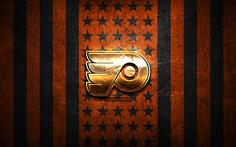 Philadelphia Flyers flag, NHL, orange black metal background, american hockey team, Philadelphia Flyers logo, USA, hockey, golden logo, Philadelphia Flyers, HD wallpaper