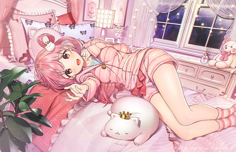 Anime, Original, Cat, Girl, Lying Down, Pink Hair, HD wallpaper
