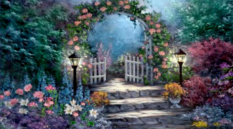 The Gate, Pink, Roses, Garden, bonito, HD wallpaper