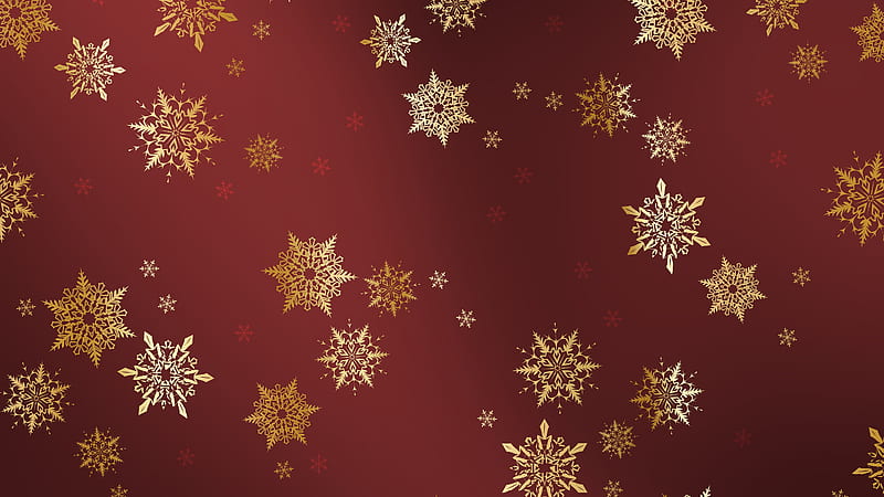 Gold Snowflakes, 3d, gold, christmas, snowflakes, red background, HD wallpaper