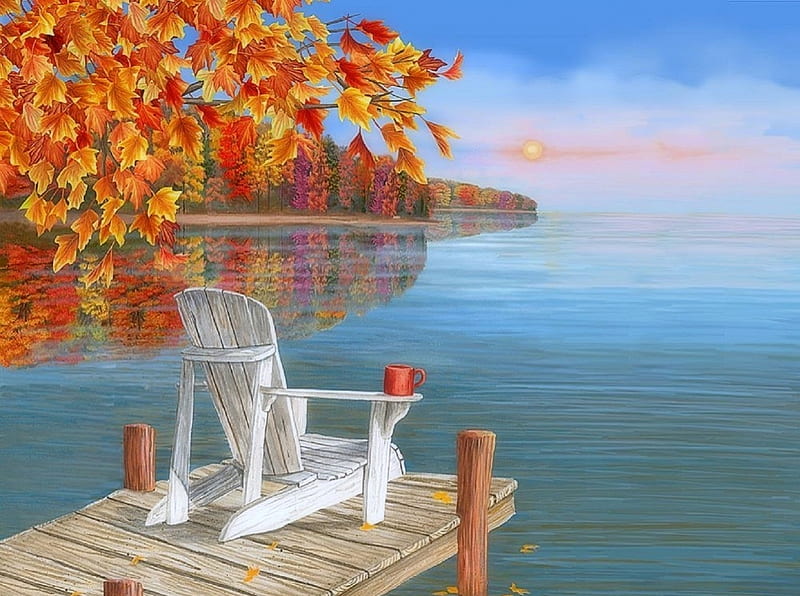 Autumn Lake, lakes, fall season, autumn, dawn, colors, love four seasons, attractions in dreams, leaves, paintings, cup, nature, chair, sunrise, reflections, HD wallpaper