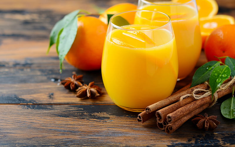 Orange fresh, Orange juice, fruit drinks, citruses, glass of juice, cinnamon sticks, oranges, HD wallpaper
