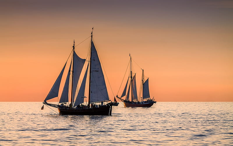 sailboats, sea, sunset, waves, red sky, boats, HD wallpaper