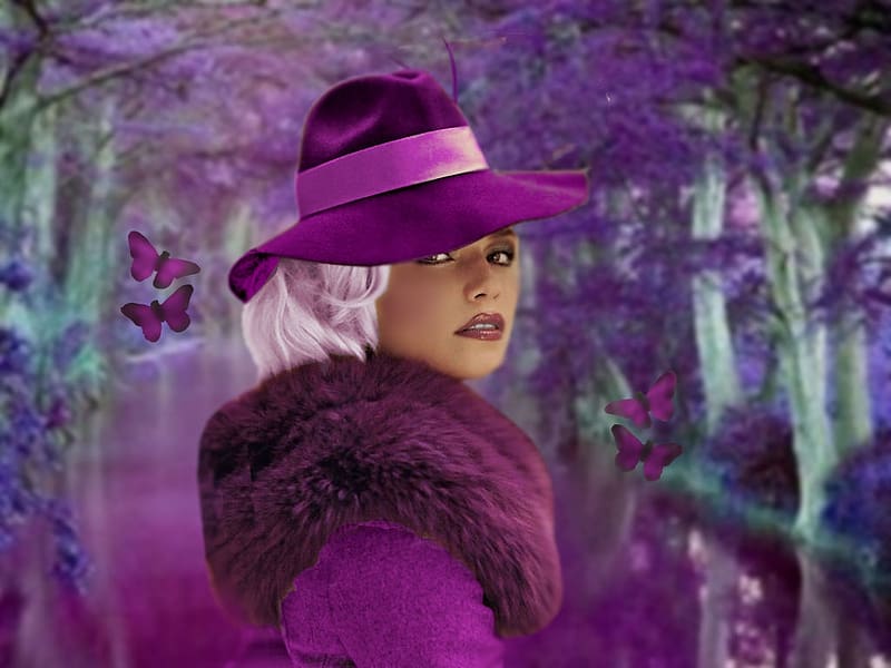 Girl In Purple, colorful, coat, black, white, vibrant, girl, Autumn, lake, purple, vivid, green, bright, bold, forest, hat, HD wallpaper