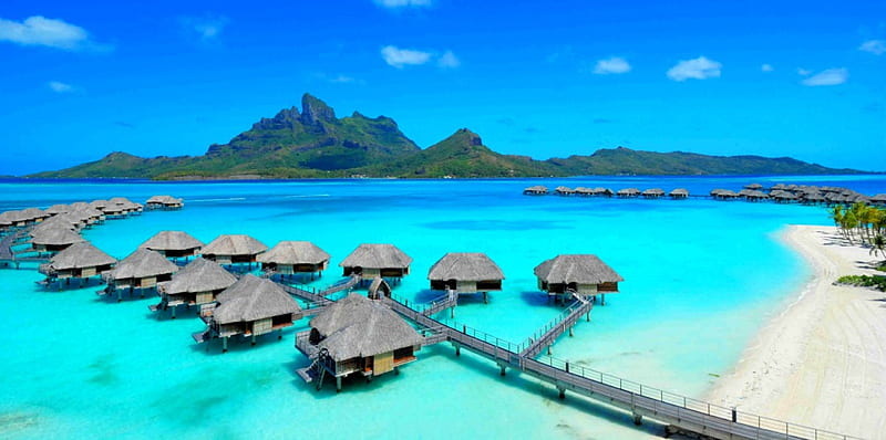 Five Star Beach, resort, ocean, turquoise water, beach, French Polynesia, Bora Bora, walkway, paradise, mountains, bungalows, summer, island, tropical, HD wallpaper
