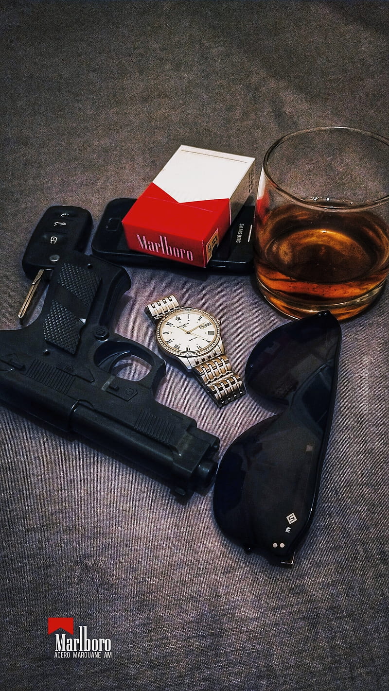 Marlboro Jack Daniels, gun, cigarette, jack daniels, samsung, whisky, car, watch, HD phone wallpaper