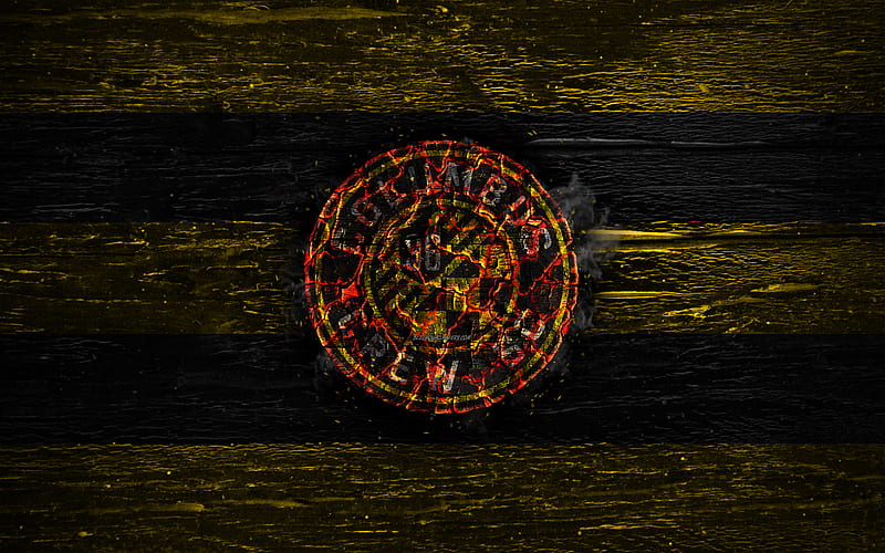 Columbus Crew FC, fire logo, MLS, yellow and black lines, american football club, grunge, football, soccer, logo, Eastern Conference, Columbus Crew, wooden texture, USA, HD wallpaper