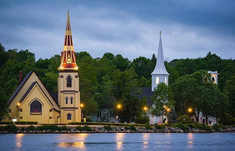 Mahone Bay Churches, Nova Scotia Canada, LIghts, Coast, Churches, Town, Lovely, Walkway, White, bonito, Towers, Beige, Trees, Canada, Green, Cathedrals, Bell, Rocks, HD wallpaper