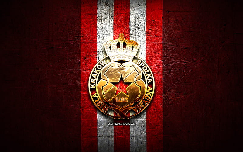 Wisla Krakow FC, golden logo, Ekstraklasa, red metal background, football, Wisla Krakow, polish football club, Wisla Krakow logo, soccer, Poland, HD wallpaper