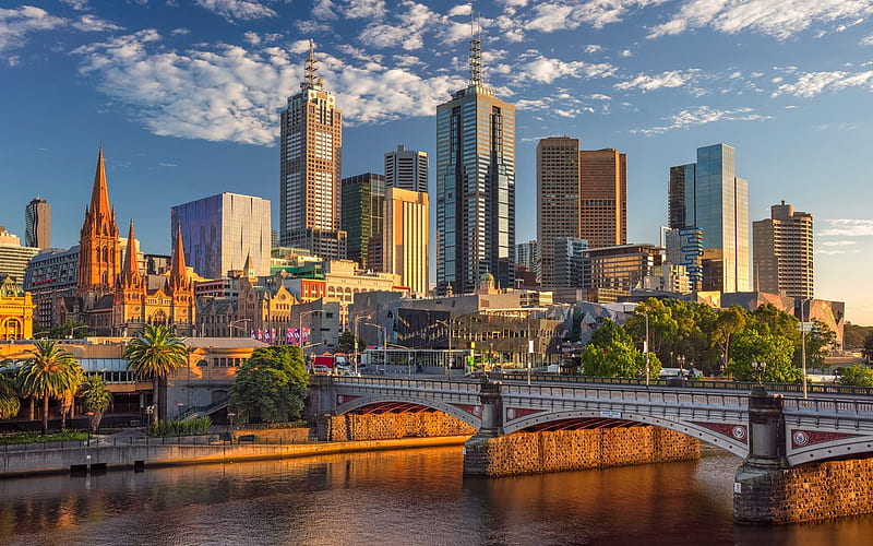 Melbourne, Sunset, skyscrapers, Princes Bridge, Yarra River, Australia, HD wallpaper
