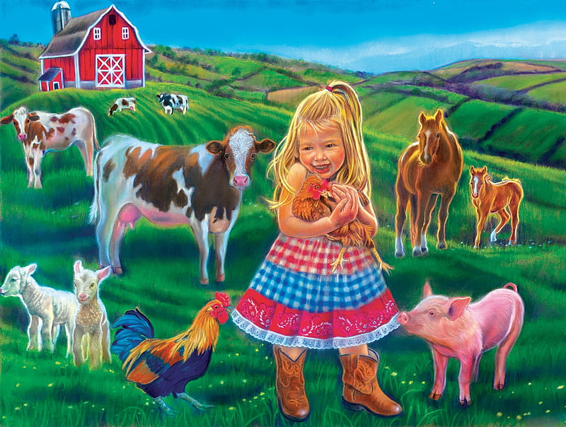 Fun on the farm, pig, girl, painting, poultry, lambs, cows, horses, barn, HD wallpaper