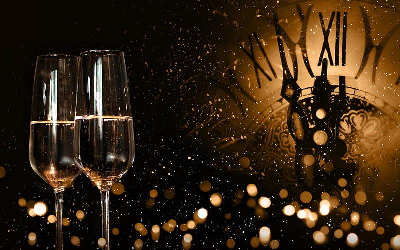 New Year, 2018, champagne, clock, evening, midnight, Happy New Year, HD wallpaper