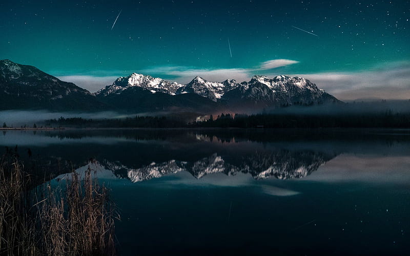 night, mountains, lake, Shooting Stars, mountain landscape, Barmsee, Milky Way, HD wallpaper