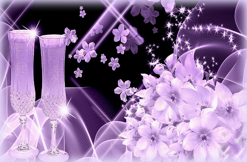 ★Champagen of Valentine's Day★, holidays, glasses, softness beauty, attractions in dreams, bonito, digital art, champagen, sweet, cheers, flowers, couple, lovely, romantic, happiness, colors, love four seasons, creative pre-made, abstract, cool, purple, bouquet, collages, beloved valentines, HD wallpaper